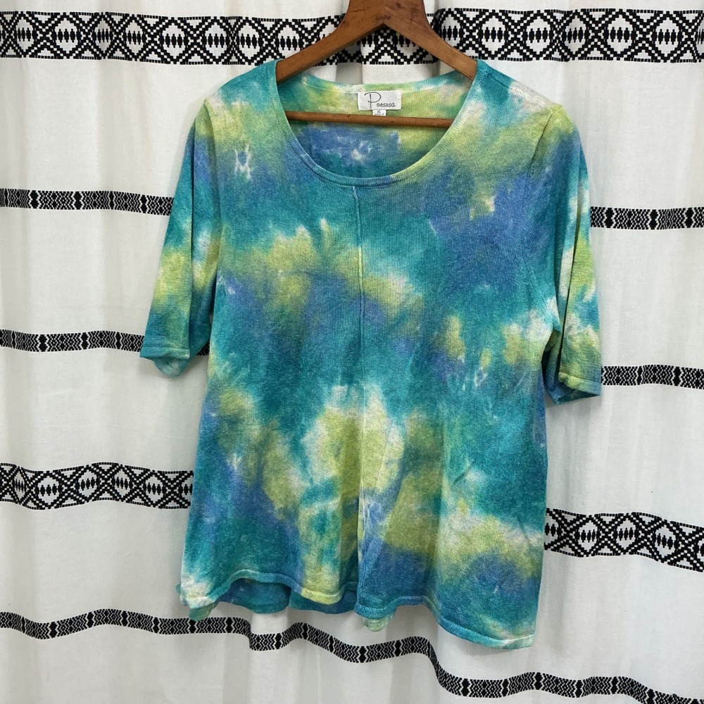 Porsesa XL Y2K Tie Dye Knit Top Blue Green Yellow Short Sleeve Soft Retro Tee